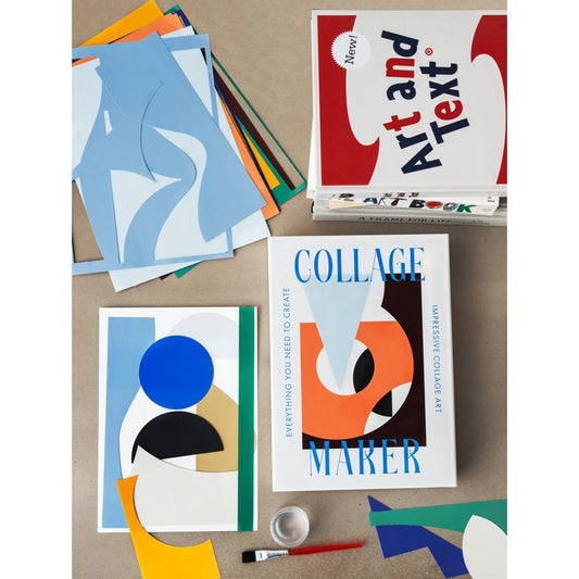 Collage Bastelset mit bunten Papierformen, Collage Maker Box, Bastelmaterial und Kunstbüchern