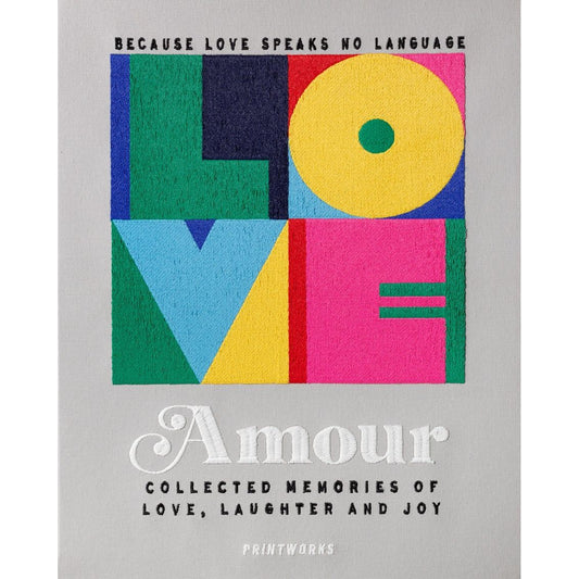 Buntes Design-Poster mit großem LOVE-Schriftzug und Text, Amour Erinnerungen Liebe Freude.