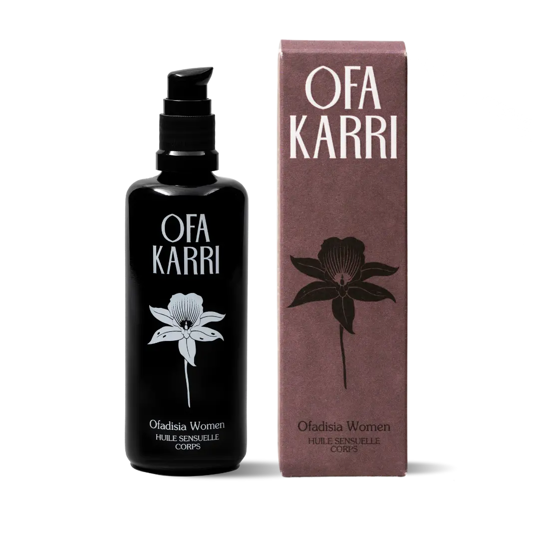 Schwarze Flasche und braune Verpackung Ofa Karri Ofadisia Women Huile Sensuelle Corps mit Blumenmotiv.