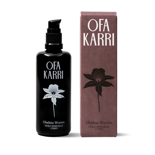 Schwarze Flasche und braune Verpackung Ofa Karri Ofadisia Women Huile Sensuelle Corps mit Blumenmotiv.