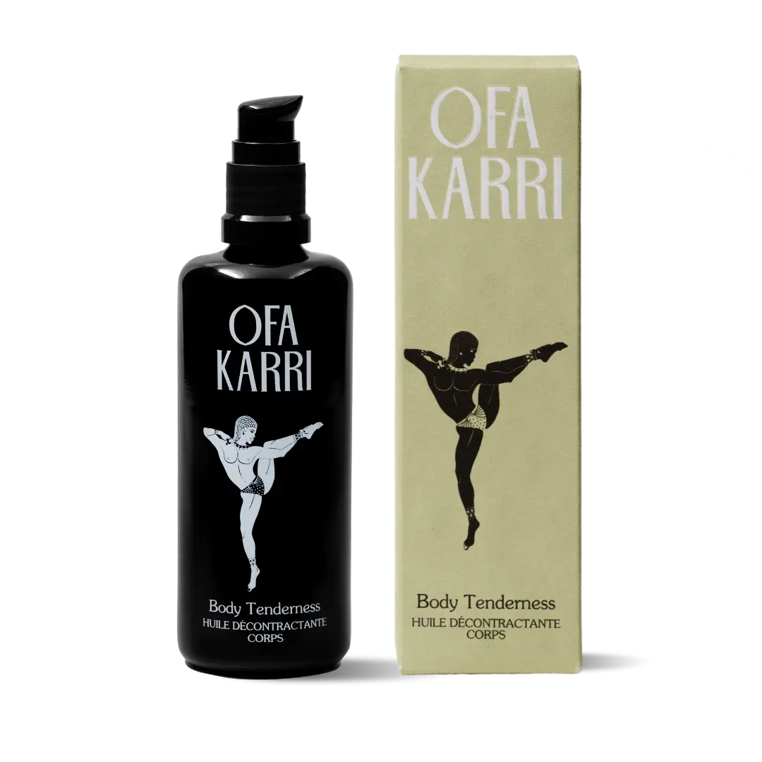 Body Tenderness Körperöl Flasche und Verpackung mit Tänzer-Motiv, entspannende Pflege