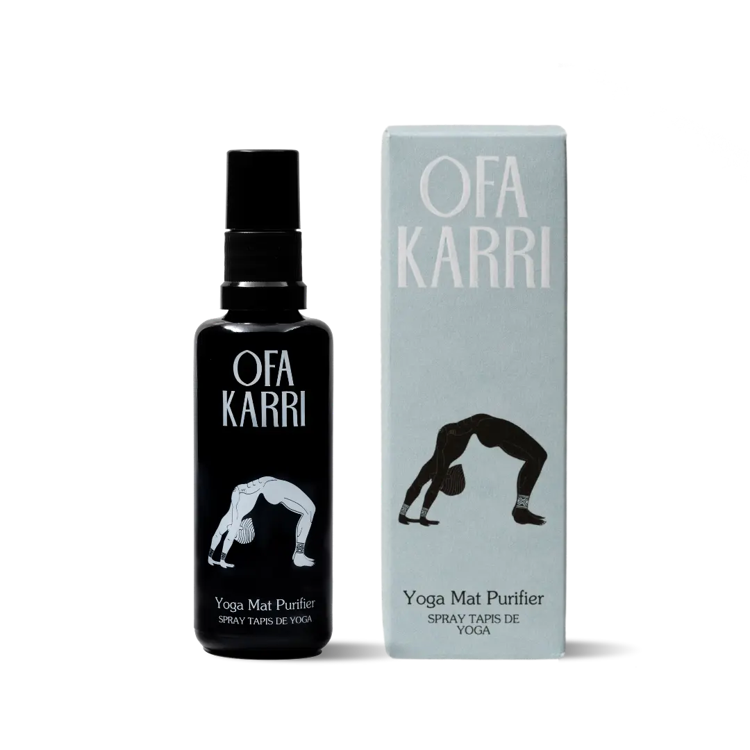 Yoga Matten Reiniger Spray Ofa Karri mit Verpackung, Illustration Yoga-Pose, Schwarz-Weiß-Design