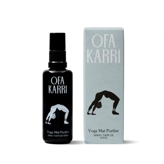 Yoga Matten Reiniger Spray Ofa Karri mit Verpackung, Illustration Yoga-Pose, Schwarz-Weiß-Design