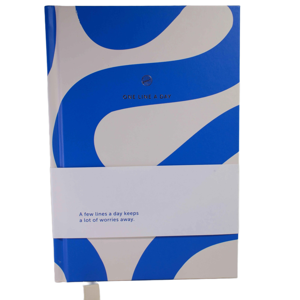 Blau-weißes Tagebuch mit modernem Muster, Schriftzug 'One Line A Day', ideal zum Abschalten