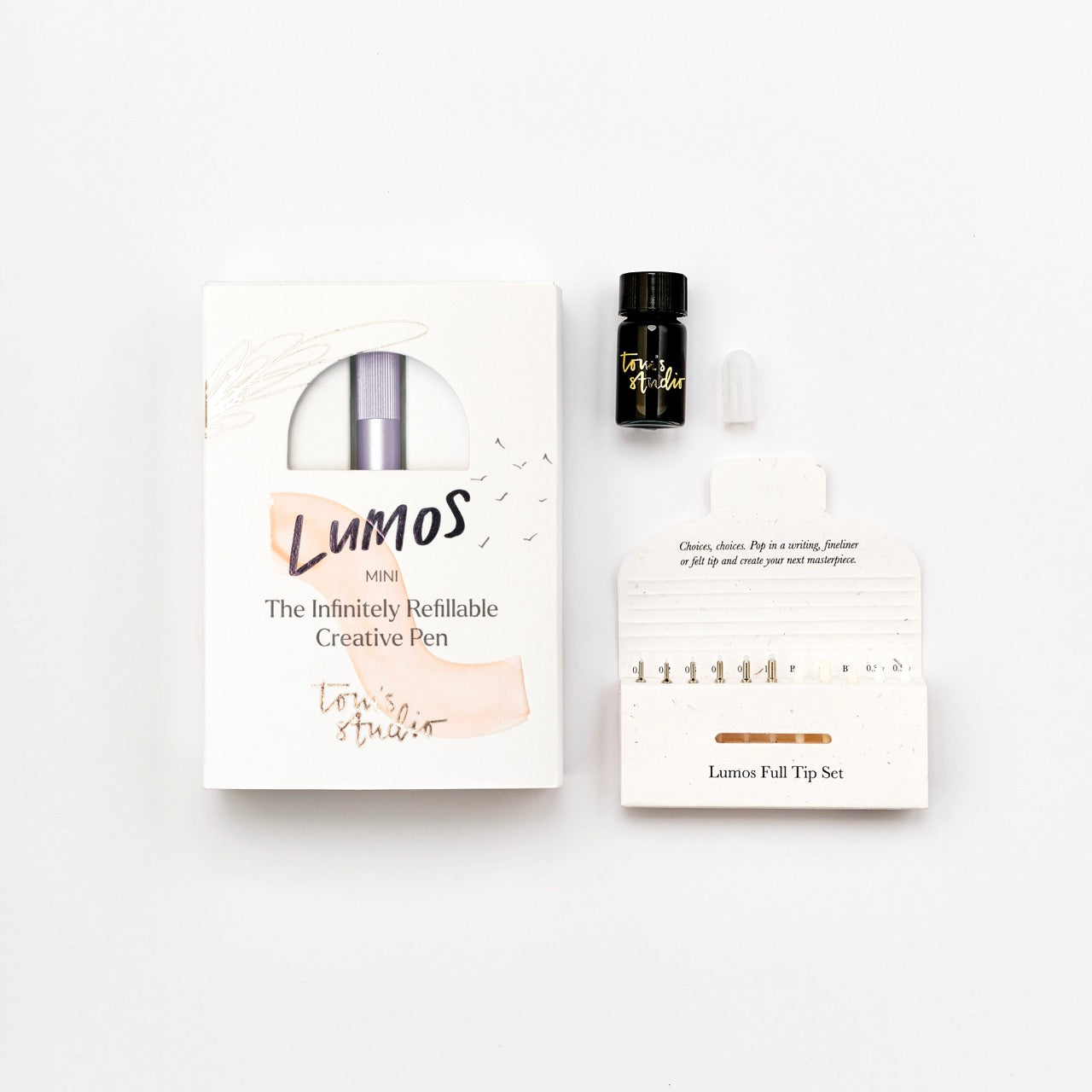 Lumos Mini nachfüllbarer Kreativstift in Lila mit Verpackung, Tintenflasche und Federset