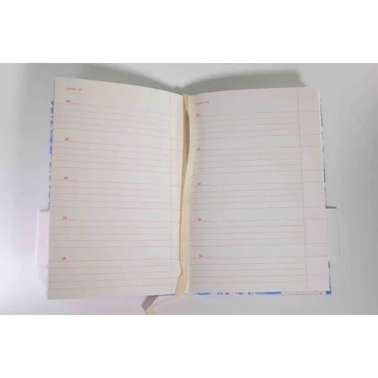 Offenes Notizbuch mit linierten Seiten und Leseband auf weißem Hintergrund