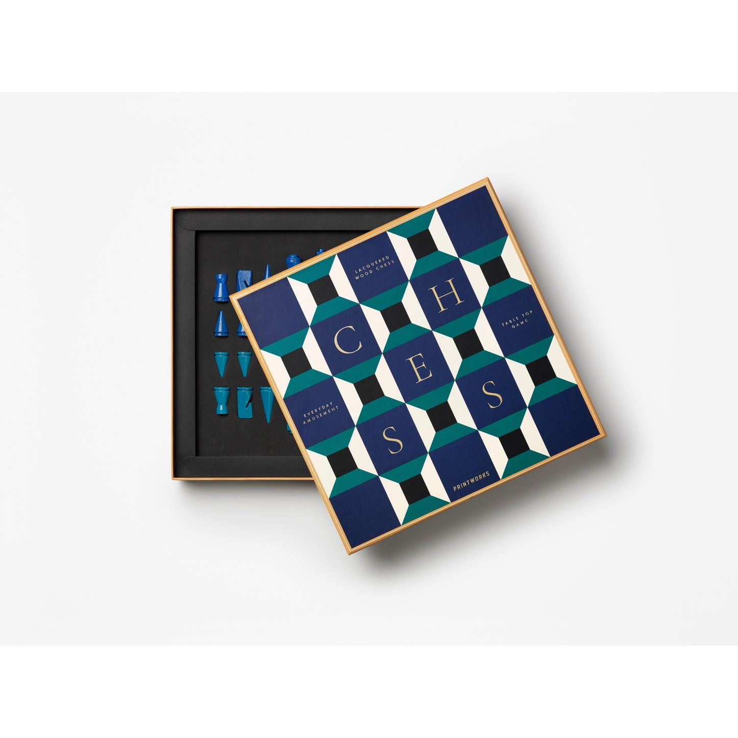 Schachspiel in stilvoller Geschenkbox mit geometrischem Muster, moderne Brettspiel Deko