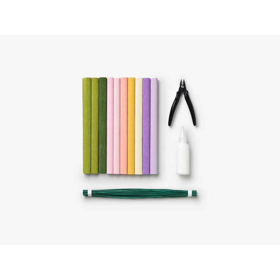Bastelset mit farbigem Krepppapier, Draht, Zange und Kleber für kreative DIY-Projekte
