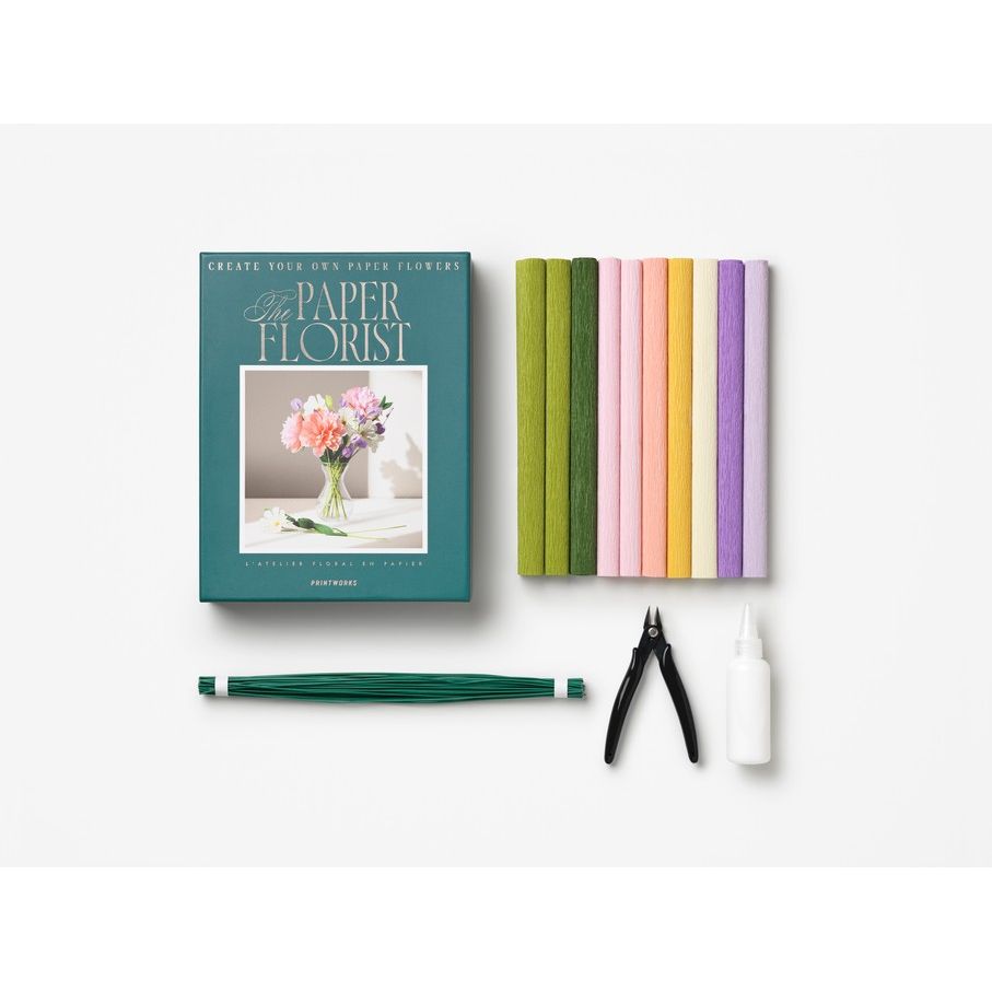 Bastelset für Papierblumen mit Anleitungsbuch, farbiges Krepppapier, Draht, Zange und Kleber auf hellem Hintergrund.