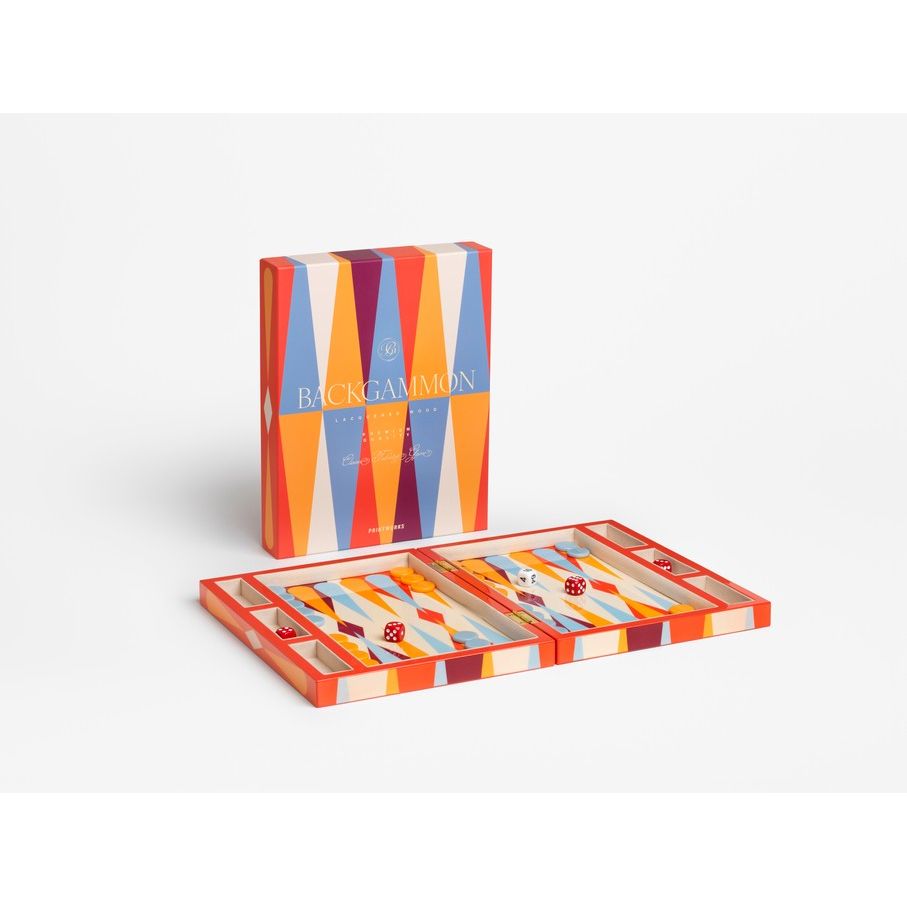Modernes Backgammon-Spiel mit buntem geometrischem Design, geöffnet mit Spielsteinen und Würfeln