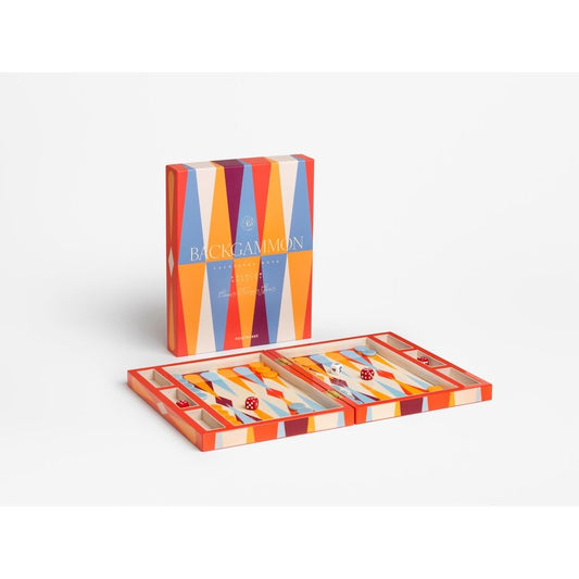 Modernes Backgammon-Spiel mit buntem geometrischem Design, geöffnet mit Spielsteinen und Würfeln