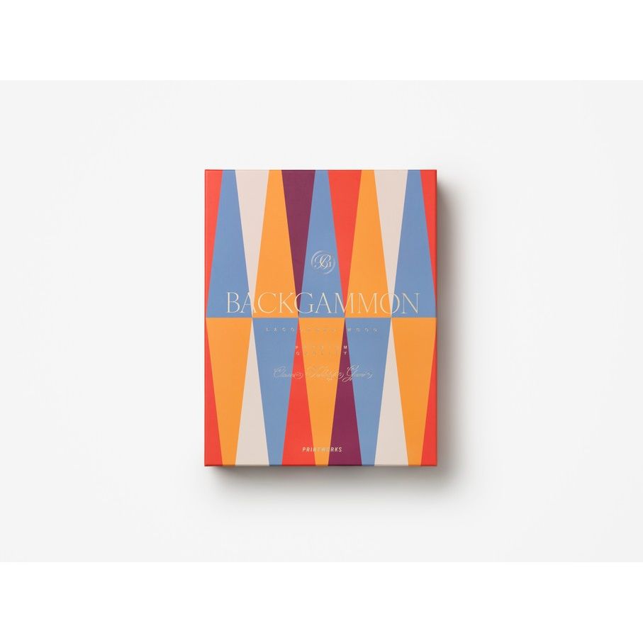Backgammon Spielbox mit buntem, geometrischem Design auf weißem Hintergrund