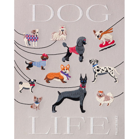 Stickbild mit verschiedenen Hunden auf Leinen, Text 'DOG LIFE', bunte Hundeillustrationen