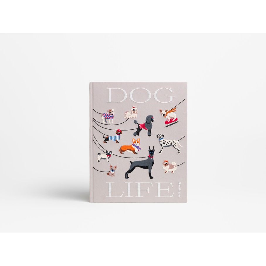 Design-Buch mit Hundeillustrationen auf grauem Cover, Aufschrift DOG LIFE, minimalistischer Hintergrund