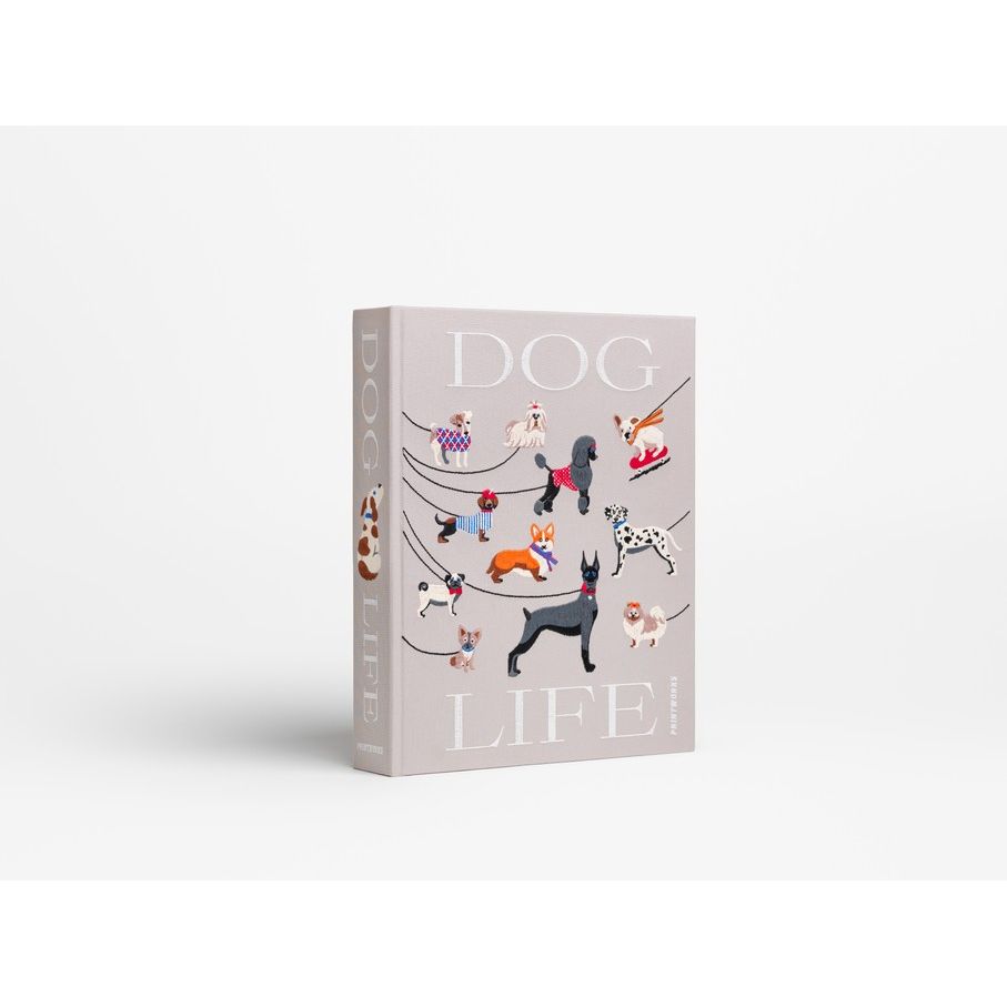 Design-Buch mit verschiedenen illustrierten Hunden auf hellgrauem Cover, Aufschrift DOG LIFE