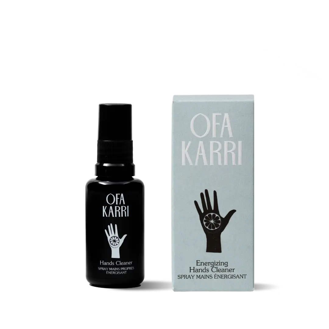 OFK KARRI Handreiniger Spray und Verpackung mit Handmotiv, energetisierend, schwarz und hellblau