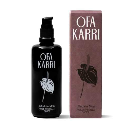 Ofa Karri Körperöl für Männer, schwarze Flasche mit Blütendesign und passender Verpackung