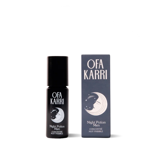 Ofa Karri Night Potion Men Flasche und Verpackung mit Mond-Design, beruhigendes Männerprodukt