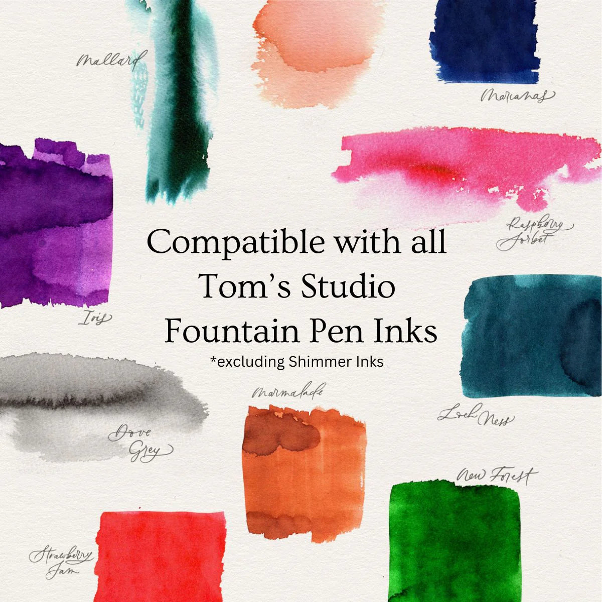 Aquarellfarbproben in verschiedenen Farben, Beschriftung mit Füller kompatible Tinte, textfreies Design.